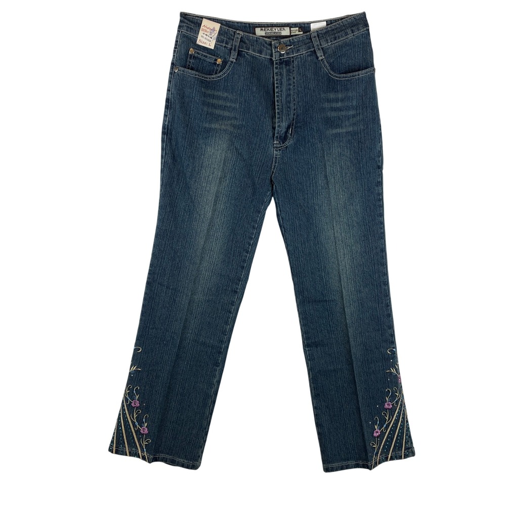 Mekeyler Jeans Wear Blue Embroidered Rhinestone Floral Straight Leg Pants Size L